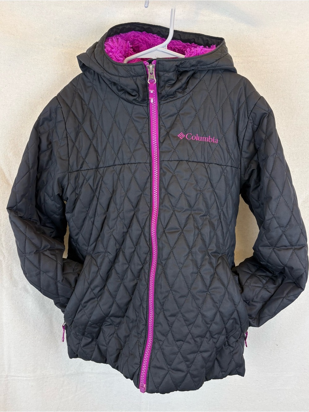 Columbia Girls Black Puffer Jacket Full Zip Purple Lining Pockets Hood Size S